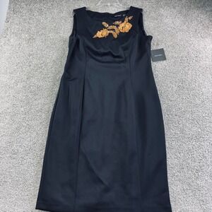 ELLEN TRACY Womens 14 Black Sleeveless Sheath Dress With Gold Floral Detail